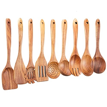Wooden Kitchen Utensils Set,GUDAMAYE 9 PCE Natural Teak Wooden Spoons For Non-stick Pan for Cooking