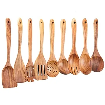 Wooden Kitchen Utensils Set,GUDAMAYE 9 PCE Natural Teak Wooden Spoons For Non-stick Pan for Cooking