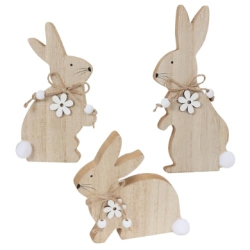 WellSign Easter Bunny Table Wooden Sign Decorations for Home - 3 Pieces of Farmhouse Rabbit with Pom...