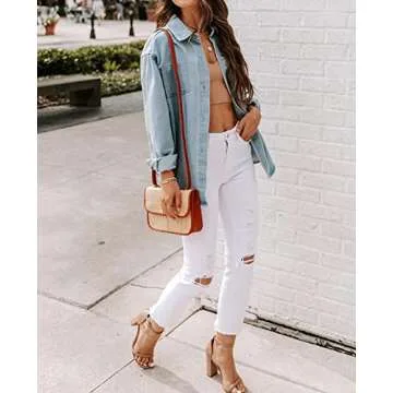Ladyful Women's Oversized Denim Shirt Shacket Long Sleeve Jean Jacket Coat