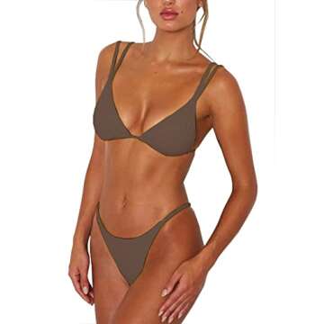 ForBeautyShe Women's Coffee High Cut Brazilian Thong Two Piece Swimsuit Double Shoulder Straps Trian...