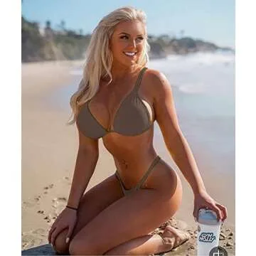 ForBeautyShe Women's Coffee High Cut Brazilian Thong Two Piece Swimsuit Double Shoulder Straps Triangle Bikini Set L