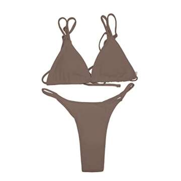 ForBeautyShe Women's Coffee High Cut Brazilian Thong Two Piece Swimsuit Double Shoulder Straps Triangle Bikini Set L