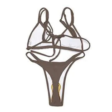 ForBeautyShe Women's Coffee High Cut Brazilian Thong Two Piece Swimsuit Double Shoulder Straps Triangle Bikini Set L