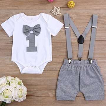 GRNSHTS Baby Boy Funny First Birthday Clothes Infant Boy Bow Tie Romper Bodysuit Cake Smash Outfits (A Gray, 9-12 Months)