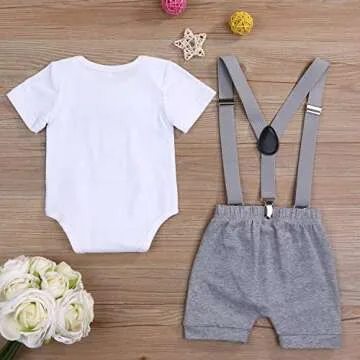 GRNSHTS Baby Boy Funny First Birthday Clothes Infant Boy Bow Tie Romper Bodysuit Cake Smash Outfits (A Gray, 9-12 Months)
