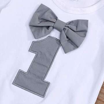 GRNSHTS Baby Boy Funny First Birthday Clothes Infant Boy Bow Tie Romper Bodysuit Cake Smash Outfits (A Gray, 9-12 Months)