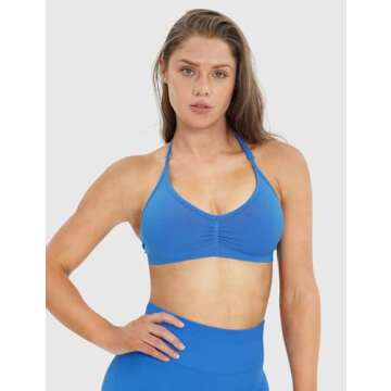 NEWVISISTER NVS Sports Bras for Women Open Back Amplify Halter Bra Adjustable Straps Padded Seamless Workout Crop Tops, Blue, Small