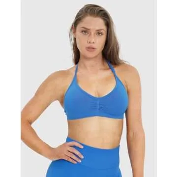 NEWVISISTER NVS Sports Bras for Women Open Back Amplify Halter Bra Adjustable Straps Padded Seamless Workout Crop Tops, Blue, Small