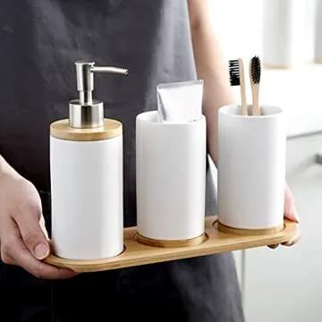 EKDJKK Toothbrush Holder Cup Ceramics & Bamboo for Bathroom, Tooth Brush Cup Holder & Organizer, Space Saving (Matte White, Double Cup)