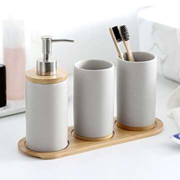 EKDJKK Toothbrush Holder Cup Ceramics & Bamboo for Bathroom, Tooth Brush Cup Holder & Organizer, Space Saving (Matte White, Double Cup)