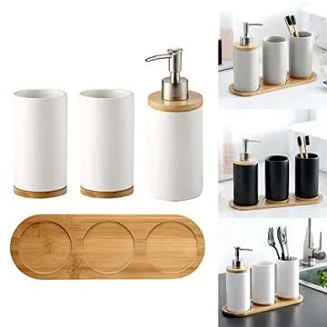 EKDJKK Toothbrush Holder Cup Ceramics & Bamboo for Bathroom, Tooth Brush Cup Holder & Organizer, Space Saving (Matte White, Double Cup)