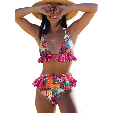 SPORLIKE Women High Waisted Swimsuit Ruffle Bikini Two Pieces Swimwear (Castle Print, Medium)