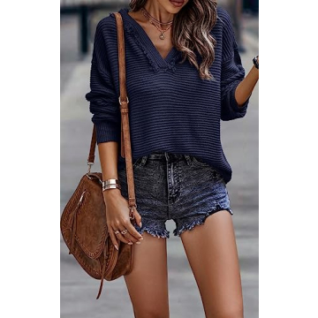 PRETTYGARDEN Womens Sweaters Casual V Neck Pullover Soft Loose Knit Sweatshirt Fall Sweatshirt For Women (Navy, Small)