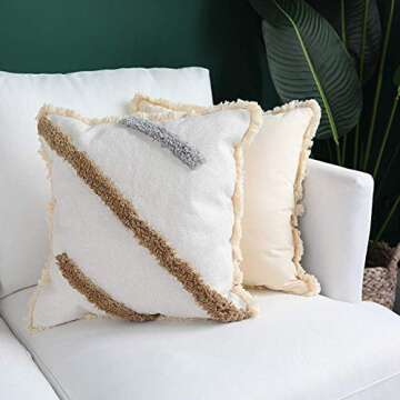 blue page Woven Tufted Decorative Throw Pillow Covers - Bohemian Home Decor Cushion Cover with Fringes, Modern Square Cotton Pillow Cases, Accent Pillows for Bed (Grey Stripe, 18x18 Inches)