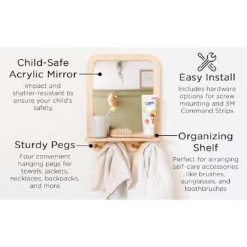 Montessori Wooden and Acrylic Wall Mirror with Hooks for Toddlers - Entryway Mirror with Hooks and S...
