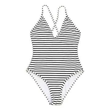 CUPSHE Women's One Piece Swimsuit Striped Scoop Neck Cross Back Beach Swimwear Bathing Suits XL