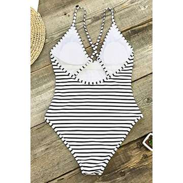 CUPSHE Women's One Piece Swimsuit Striped Scoop Neck Cross Back Beach Swimwear Bathing Suits XL