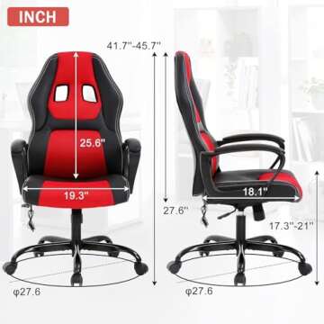Tyyps Reclining Gaming Chair Ergonomic Racing Office Style Game Chair High Back Adjustable PU Leather Computer Chair with Headrest and Lumbar Pillow Task Rolling Swivel Chair for Adult Teen, Red