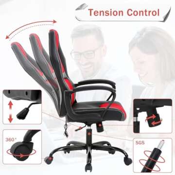 Tyyps Reclining Gaming Chair Ergonomic Racing Office Style Game Chair High Back Adjustable PU Leather Computer Chair with Headrest and Lumbar Pillow Task Rolling Swivel Chair for Adult Teen, Red