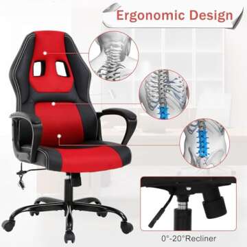 Tyyps Reclining Gaming Chair Ergonomic Racing Office Style Game Chair High Back Adjustable PU Leather Computer Chair with Headrest and Lumbar Pillow Task Rolling Swivel Chair for Adult Teen, Red