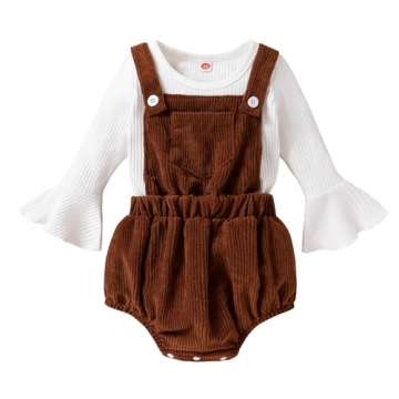 Tiny Cutey Newborn Baby Girl Clothes Bell Sleeve Romper and Corduroy Overalls Shorts Infant Girl Fal...