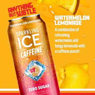 Sparkling Ice Watermelon Lemonade Sparkling Water with Caffeine, Zero Sugar, with Antioxidants and V...