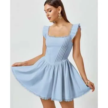 GLNEGE Women's Square Neck Mini Corset Dress Short Ruffle Sleeve A Line Cute Trendy Party Dresses Bl...