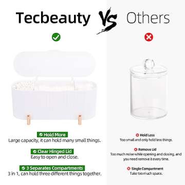Tecbeauty Qtips Holder, 3 Grids Separate Cotton Swabs Dispenser, Cotton Ball Storage Box, Jar for Cotton Pads Bathroom Organizer Canisters - White