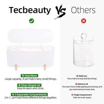 Tecbeauty Qtips Holder, 3 Grids Separate Cotton Swabs Dispenser, Cotton Ball Storage Box, Jar for Cotton Pads Bathroom Organizer Canisters - White