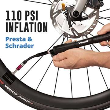 Vibrelli Mini Bike Pump with Gauge - Presta & Schrader - 110 PSI - Portable Bicycle Pump for Road, Mountain, BMX Bike Tires - Mounting Bracket Included