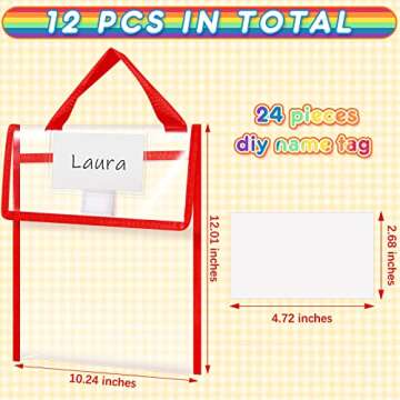 Teling 12 Pack Thick Clear Book Pouches with Blank Name Tags and Handles Book Bags Organizer for Sch...
