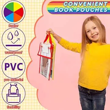 Teling 12 Pack Thick Clear Book Pouches with Blank Name Tags and Handles Book Bags Organizer for School Classroom Library Pockets Students (Bright Color,10 x 12 Inch)