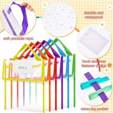 Teling 12 Pack Thick Clear Book Pouches with Blank Name Tags and Handles Book Bags Organizer for School Classroom Library Pockets Students (Bright Color,10 x 12 Inch)