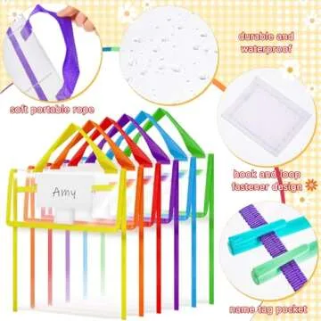 Teling 12 Pack Thick Clear Book Pouches with Blank Name Tags and Handles Book Bags Organizer for School Classroom Library Pockets Students (Bright Color,10 x 12 Inch)