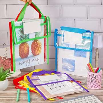Teling 12 Pack Thick Clear Book Pouches with Blank Name Tags and Handles Book Bags Organizer for School Classroom Library Pockets Students (Bright Color,10 x 12 Inch)