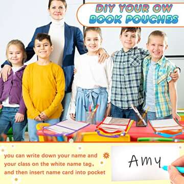 Teling 12 Pack Thick Clear Book Pouches with Blank Name Tags and Handles Book Bags Organizer for School Classroom Library Pockets Students (Bright Color,10 x 12 Inch)