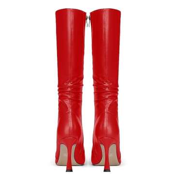 MOVINSTEPS Women's Zip High Heel Performance Matte 3.3 Inch Pointed Toe Solid Stiletto Dress Boots Mid-Calf Red Size 8 - Zapatos de Tacon