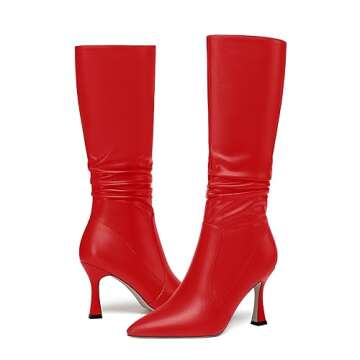 MOVINSTEPS Women's Zip High Heel Performance Matte 3.3 Inch Pointed Toe Solid Stiletto Dress Boots Mid-Calf Red Size 8 - Zapatos de Tacon