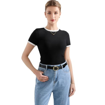 SUUKSESS Women Ribbed Striped Short Sleeve Slim Fit Tops for Summer Casual Style