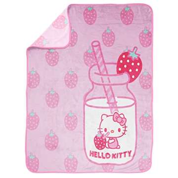 Hello Kitty Strawberry Milk Throw Blanket - Measures 46 x 60 inches, Kids Bedding Features Kitty Whi...