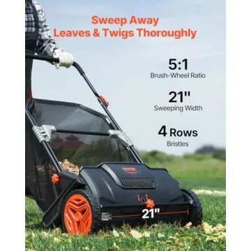 VEVOR Push Lawn Sweeper, 21-inch Leaf & Grass Collector, Strong Rubber Wheels & Heavy Duty Thickened Steel Durable to Use with Large Capacity 3.5 cu. ft. Mesh Collection Hopper Bag, 2 Spinning Brushes
