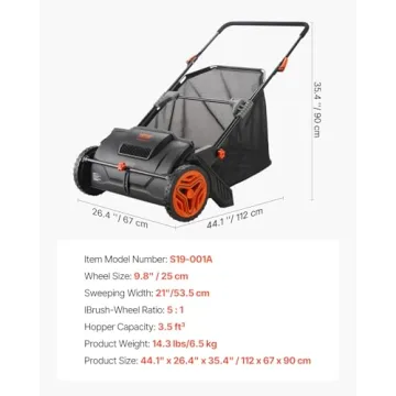 VEVOR Push Lawn Sweeper, 21-inch Leaf & Grass Collector, Strong Rubber Wheels & Heavy Duty Thickened Steel Durable to Use with Large Capacity 3.5 cu. ft. Mesh Collection Hopper Bag, 2 Spinning Brushes