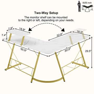 Mr IRONSTONE L Shaped Desk Computer Corner Desk, Home Gaming Desk, Office Writing Workstation with Large Monitor Stand, Easy to Assemble (White,51 Inch)