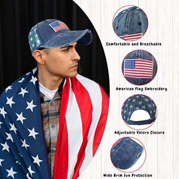 4th of July Independence Day American Patriotic Flag Hat Unisex Vintage Embroidery Washed Distressed...