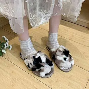 Khaki Camouflage Fuzzy Faux Fur Cross Slippers for Women