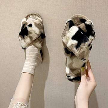 Khaki Camouflage Fuzzy Faux Fur Cross Slippers for Women