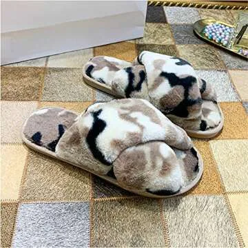 Khaki Camouflage Fuzzy Faux Fur Cross Slippers for Women