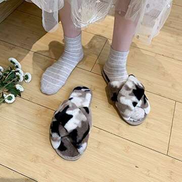 Khaki Camouflage Fuzzy Faux Fur Cross Slippers for Women