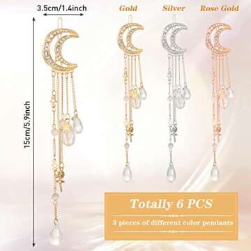 6 Pcs Crystal Rhinestone Dangle Hairpins with Moon, Star, and Tassel Charms - Hair Accessories, Barr...